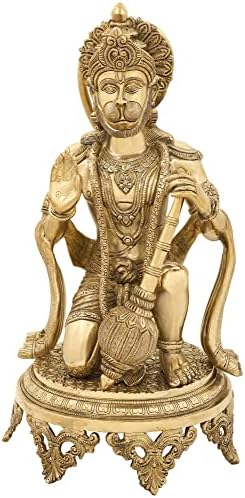 20 Aashirvada Hanuman Térdelt Fel Egy Gazdagon Vésett Talapzat a Sárgaréz | Kézzel | Made in India - B