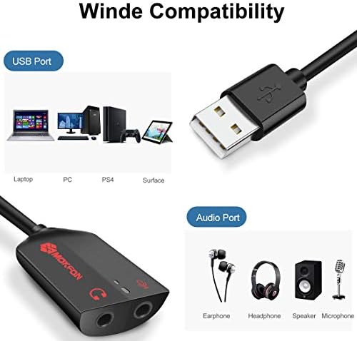 MOKFON USB Audio Adapter Támogatja a Windows,Mac,Linux. USB Külső Sztereó hangkártya, 3,5 mm Jack, Fejhallgató,