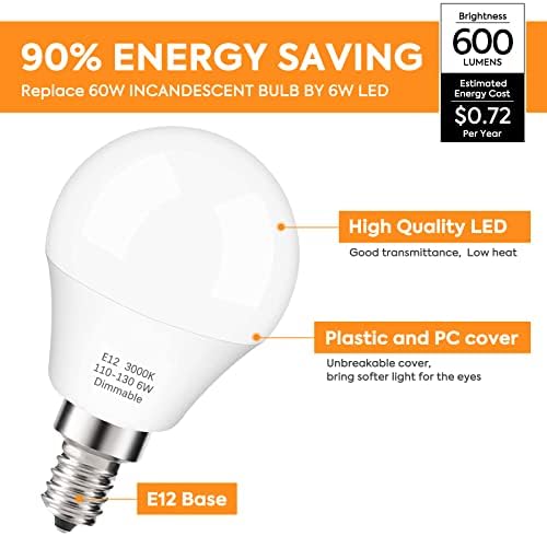 Prosperbiz E12 Szabályozható 60W Egyenértékű LED Izzók, A15 6W, Mennyezeti Ventilátor Izzók Meleg Fehér