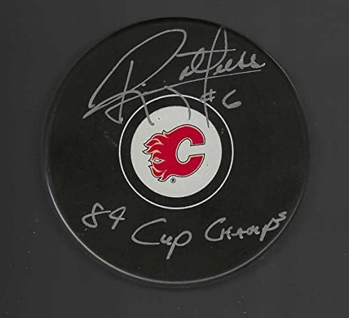 Ric Natress Aláírt & Feliratos 89-Kupa Bajnokok Calgary Flames Puck - Dedikált NHL Korong
