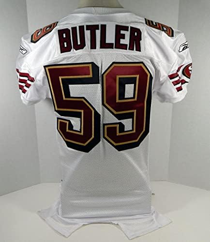 2008-ban a San Francisco 49ers Butler 59 Játék Kiadott Fehér Jersey DP08248 - Aláíratlan NFL Játék Használt